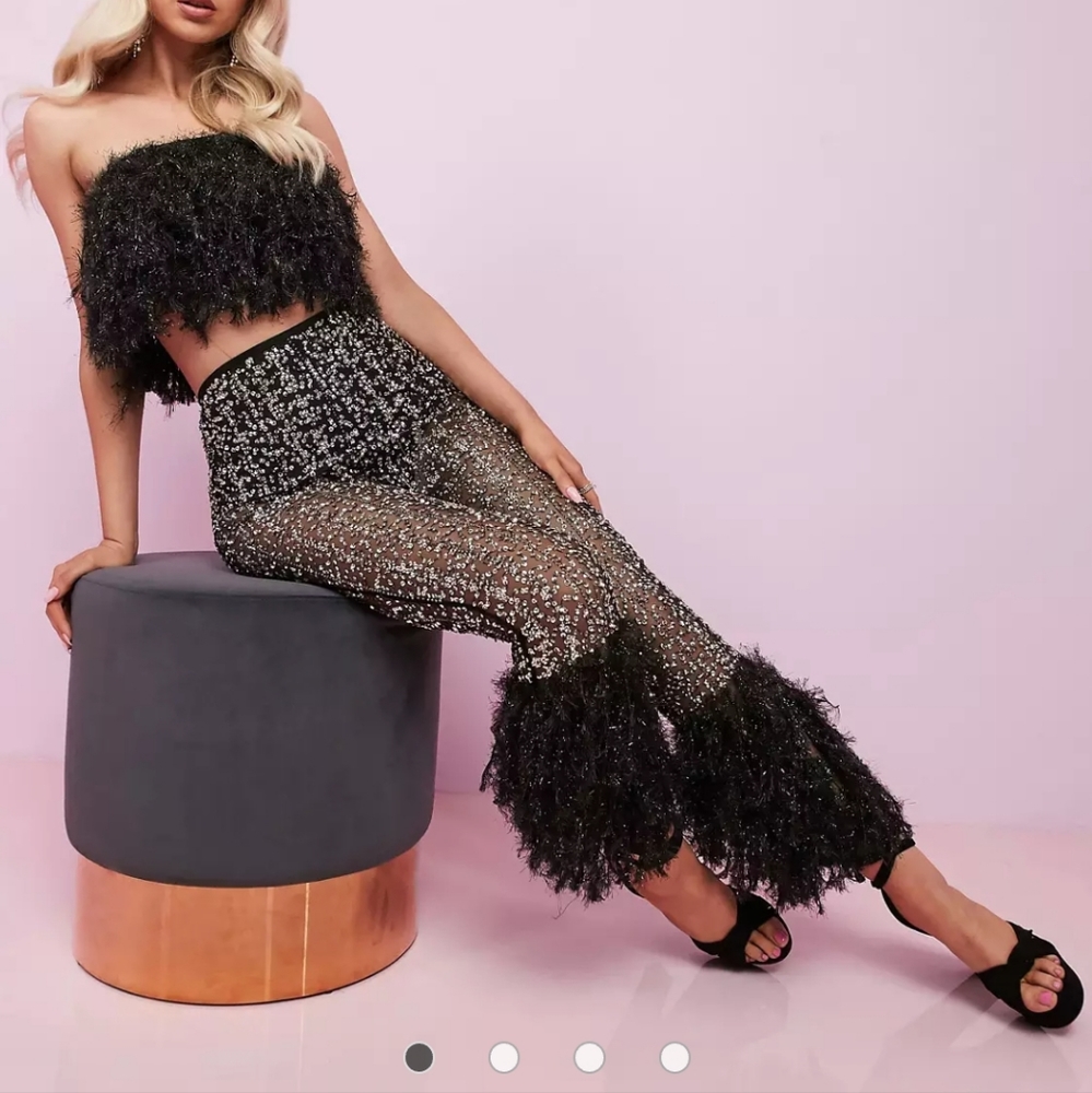 ASOS DESIGN Luxe faux feather embellished high waisted pants